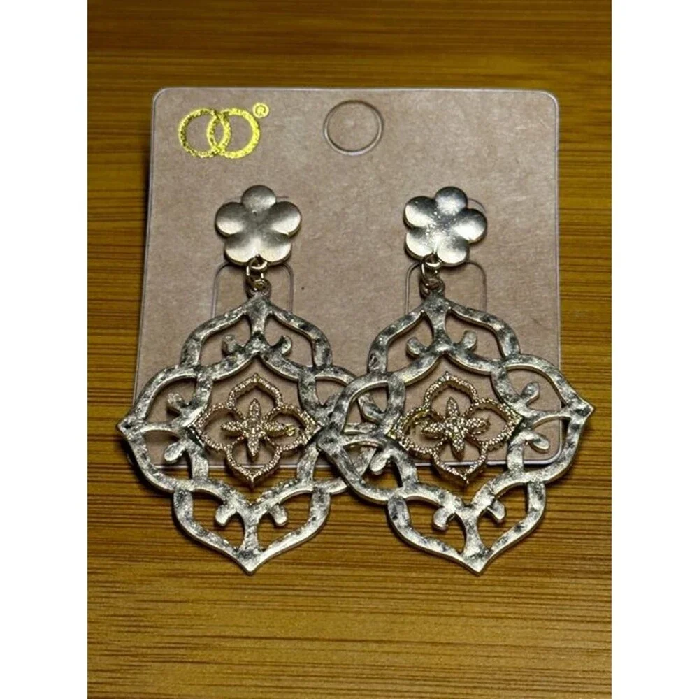 Gold Tone Moroccan Filigree Dangle Earrings Boho Statement Flower Style New